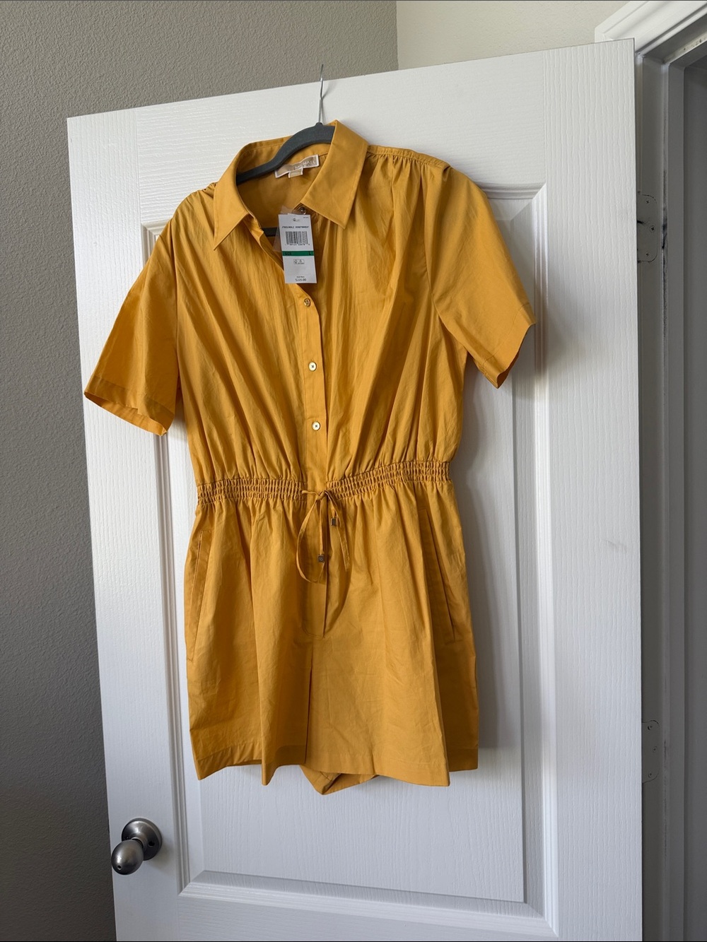 MICHAEL Michael Kors Short-Sleeve Drawstring Romper in Mustard
